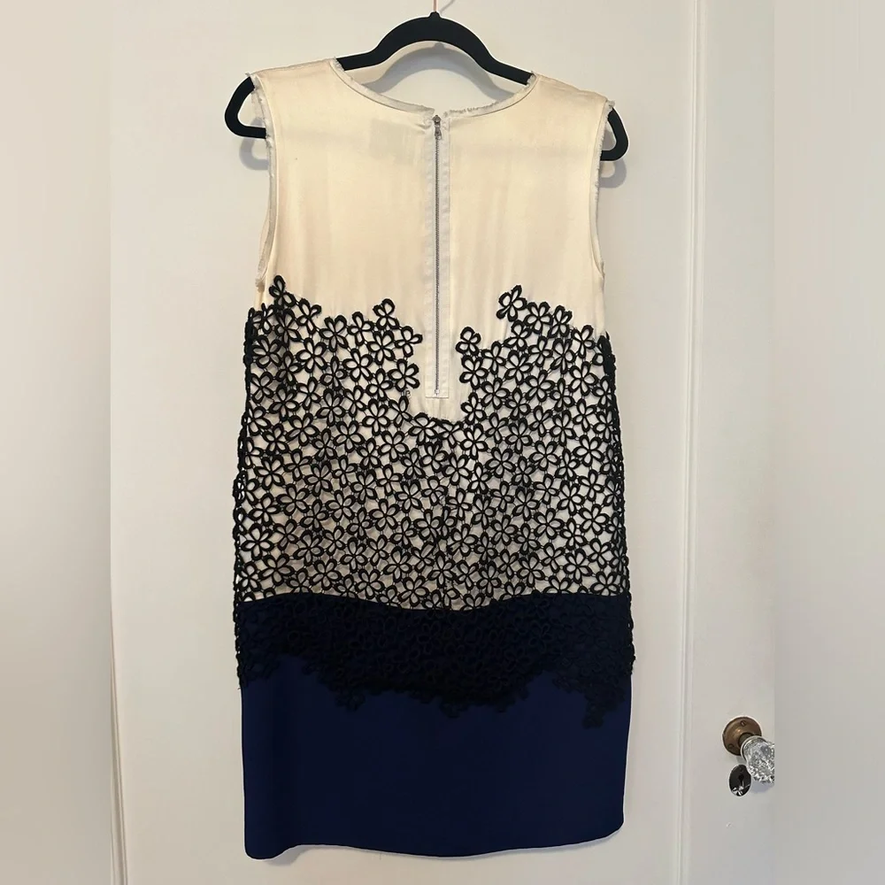 3.1 Phillip Lim cream and navy silk mini dress with black floral overlay- size 8 - Picture 6 of 12
